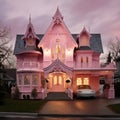 Fantastic AI-generated pink fantasy house in the evening. A castle-like house with turrets and ornaments