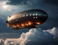 A fantastic airship flies in the clouds, night, lights are on in the cabins, thunderstorm, the airship is illuminated by Royalty Free Stock Photo