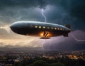 A fantastic airship flies in the clouds, night, lights are on in the cabins, thunderstorm, the airship is illuminated by Royalty Free Stock Photo