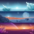 Fantastic alien planet horizontal banners landscape background set.