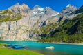 Fantastic alpine lake with high mountains and glaciers, Oeschinensee, Switzerland
