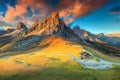 Fantastic alpine pass with high peaks in background, Dolomites, Italy