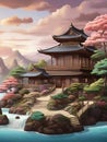 A fantastic ancient house with a beautiful serene zen garden, lake with small waterfall, mountain, blossoms tree, fantasy, cartoon Royalty Free Stock Photo
