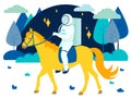 Fantastic, astronaut rides a yellow horse. In minimalist style Cartoon flat Vector