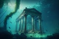 Fantastic underwater world with ancient ruins illustration Royalty Free Stock Photo