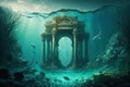 Fantastic underwater world with ancient ruins illustration Royalty Free Stock Photo