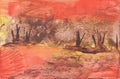 Fantastic autumn landscape, halloween. Encaustic wax art hand drawing. Beautiful illustration, waxy background modern