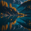 Fantastic autumn landscape with lake and mountain reflection.