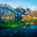 Fantastic autumn scene of Vorderer  Gosausee  lake. Wonderful morning view of Austrian Alps, Upper Austria, Europe. Beauty of Royalty Free Stock Photo