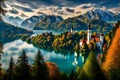 Fantastic autumn view of Lake Bled, Slovenia, Europe, Artistic style post processed photo