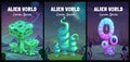 Fantastic backgrounds collection. Fantasy cartoon alien world landscape with shiny plants