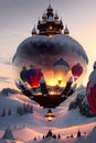A Fantastic Balloon Struggling to Ascend from the Heart of Snowy Mountains at Sunset. AI generated