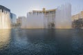 Fantastic beautiful view of water show fountains of Bellagio hotel on sunset.