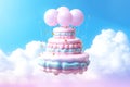 Fantastic big blue and pink three-tiered cake with gold decorations and balloons