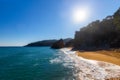 Fantastic big rocks and ocean waves in Costa Brava of Spain, near village Pals Royalty Free Stock Photo