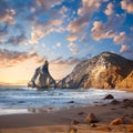 Fantastic big rocks and stones on the ocean beach at sundown Royalty Free Stock Photo