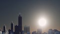 Fantastic big sun over abstract city skyline