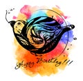 Fantastic bird. Hand drawn, watercolor. Greeting card with a birthday. All objects are separated and easy to move.