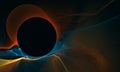 Fantastic black hole, burrow or eclipse with hazy orange blue golden flames blazing around in deep dark space.