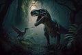 A fantastic blend of a raptor and t-rex dinosaur in a dark forest, Generative Ai Royalty Free Stock Photo