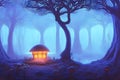 Fantastic blue forest with giant mushrooms at night, atmospheric and fairy-tale landscape. Generative AI