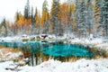 Fantastic blue geyser lake in the autumn forest. Altai, Russia.