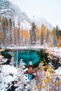 Fantastic blue geyser lake in the autumn forest. Altai, Russia.