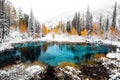 Fantastic blue geyser lake in the autumn forest. Altai, Russia.