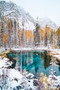 Fantastic blue geyser lake in the autumn forest. Altai, Russia.