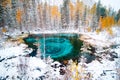 Fantastic blue geyser lake in the autumn forest. Altai, Russia.
