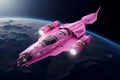 Fantastic Cartoon Pink Spaceship Flies in Outer Space.