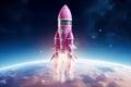 Fantastic Cartoon Pink Spaceship Flies in Outer Space.