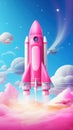 Fantastic Cartoon Pink Spaceship Flies in Outer Space.