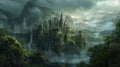 Fantastic castle against the backdrop of mountains and waterfalls. Generative AI