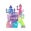 Fantastic castle silhouette with watercolor texture on white background. Princess palace with towers and fortress