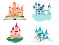 Fantastic castles, fairy tale palaces with towers with flags on books or sky clouds. Cute magic princess medieval Royalty Free Stock Photo