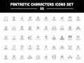 50 Fantastic Character Black Line Art Icon Set