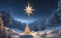 Fantastic Christmas landscape with snow covered fir trees and star.