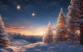 Fantastic Christmas landscape with snowy fir trees and starry sky