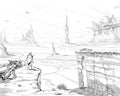 Fantastic city desert. Concept art illustration. Sketch gaming design. Fantastic vehicles,mountains, people.