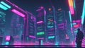 Fantastic city of the future and robot man, neon colors, horizontal illustration, cyberpunk style. AI generative Royalty Free Stock Photo