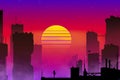 Fantastic city with skyscrapers silhouettes on sunset background