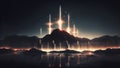 fantastic city under mountains ridge with light pillars above , neural network generated art