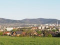 Fantastic cityscape landscape of european Bielsko-Biala city and countryside, green grassy meadow at Beskids in POLAND