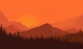 Fantastic color of the twilight sky with views of the mountains and beautiful silhouettes of pine trees. Vector