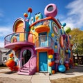 Fantastic colorful AI-generated house. Crazy artist house with bright colors and various shapes