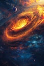 fantastic colorful black hole, supernova and wormhole with planets in space Royalty Free Stock Photo