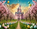 A fantastic and colorful depiction of an Easter scene with a fairytale castle surrounded by nature.