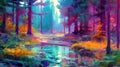 Fantastic colorful forest landscape with streamlet. Abstract design with surreal scenery. Generative AI. Illustration for cover, Royalty Free Stock Photo