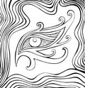 Fantastic coloring page with psychedelic eye and waves. Surreal doodle pattern eye. Vector hand drawn black and whute Royalty Free Stock Photo